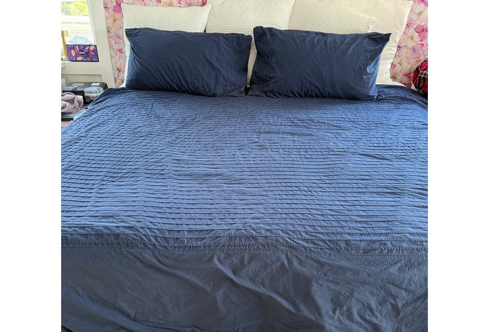 IKEA Alvine Stra Navy Blue Pleated Duvet Cover Set F/Q Cotton 3 Piece 94x80 READ